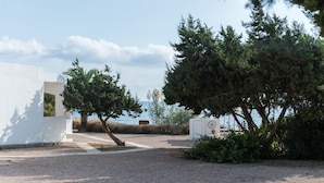 A modern building with a gravel driveway, a white wall, and a tree in the foreground. - Hostal Aigua Clara (Formentera)