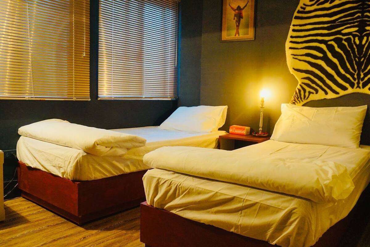 Una habitación con dos camas, un cabecero estampado con diseño de cebra y una lámpara encendida en una mesita de noche.
