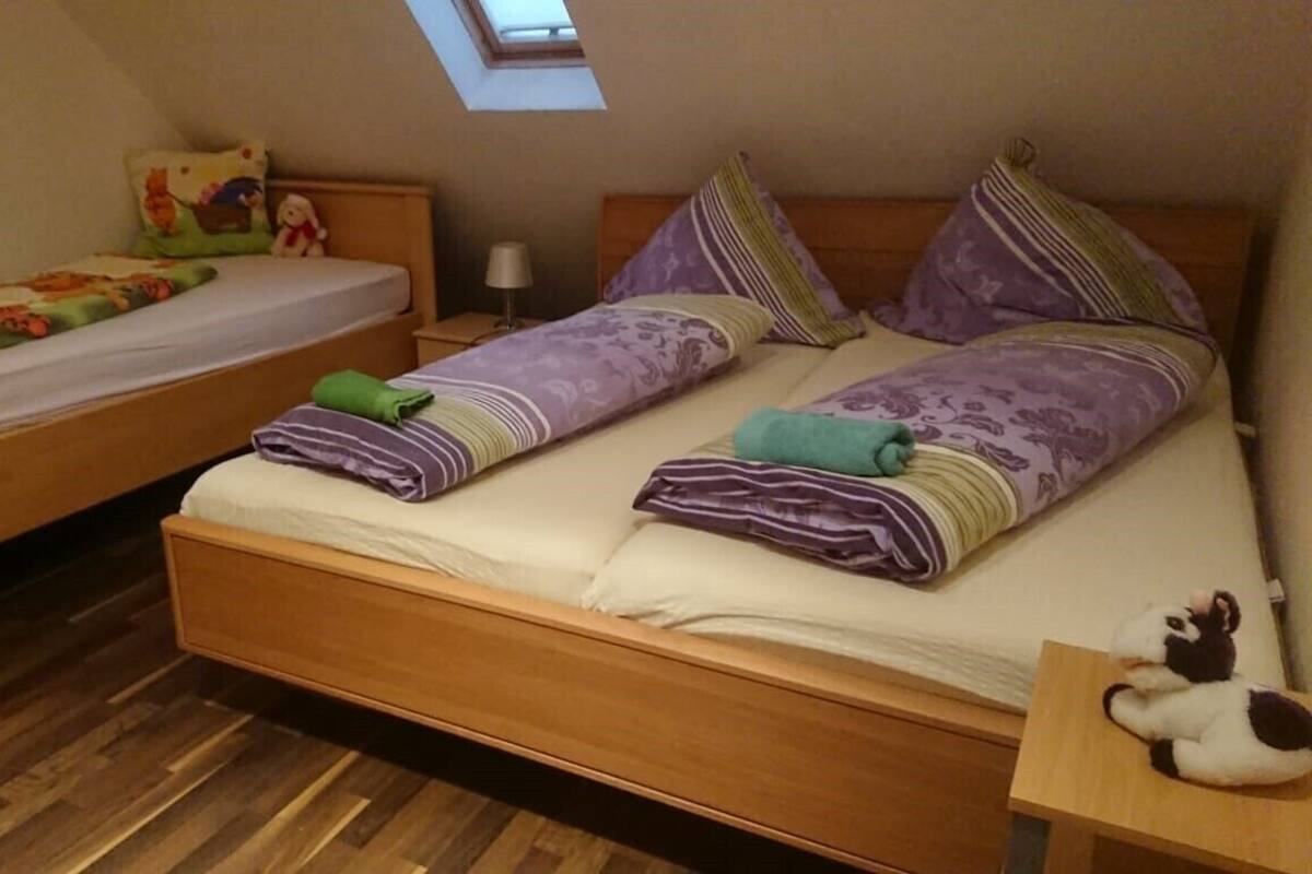 A bedroom with two beds, a skylight, wooden flooring, and a small table with a stuffed toy.
