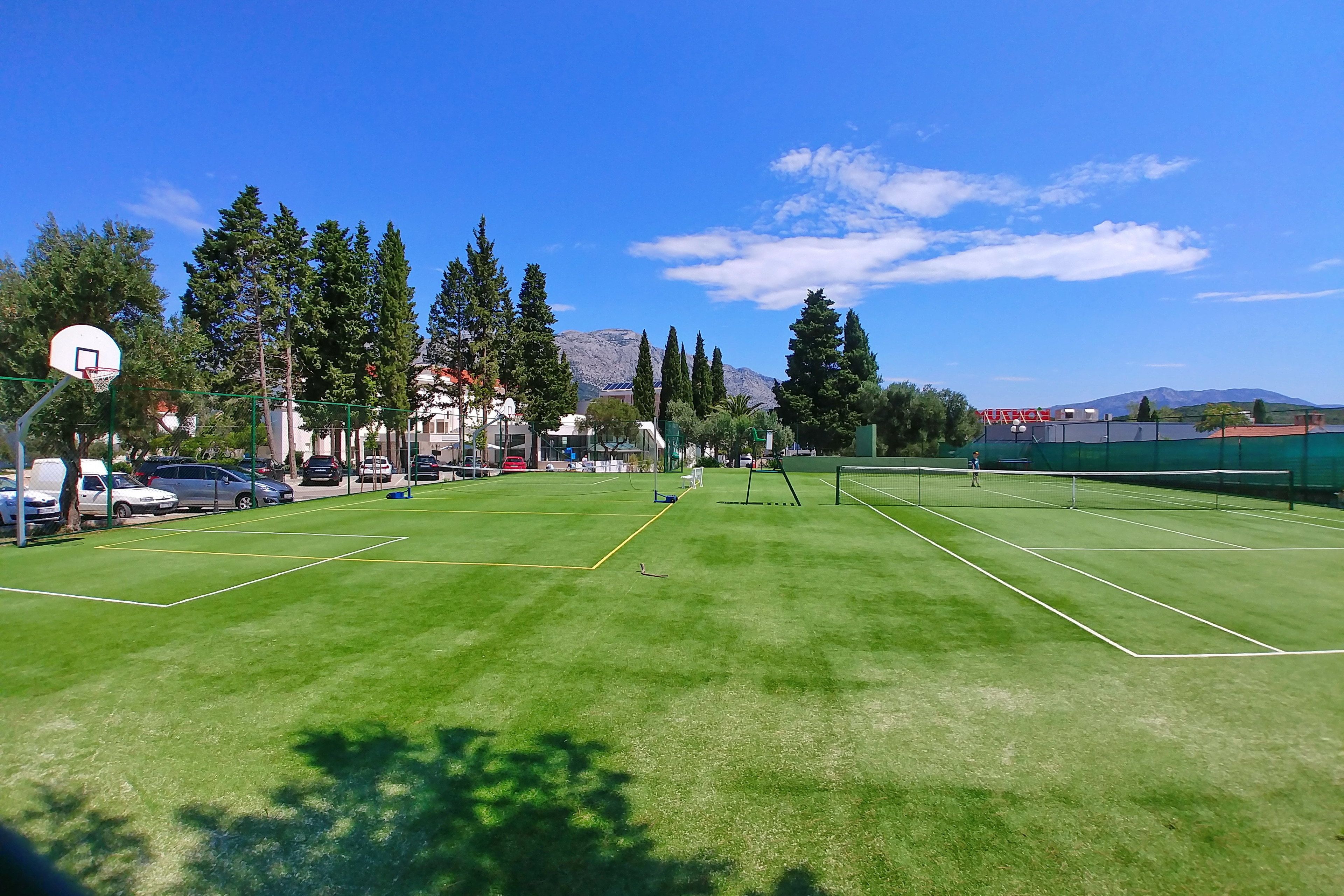Una cancha de tenis con una red, rodeada de árboles y una montaña al fondo.