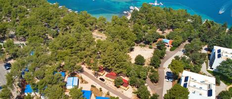 An aerial view of a coastal area with several buildings, some with blue roofs, surrounded by dense green trees and a clear blue sea with boats.
