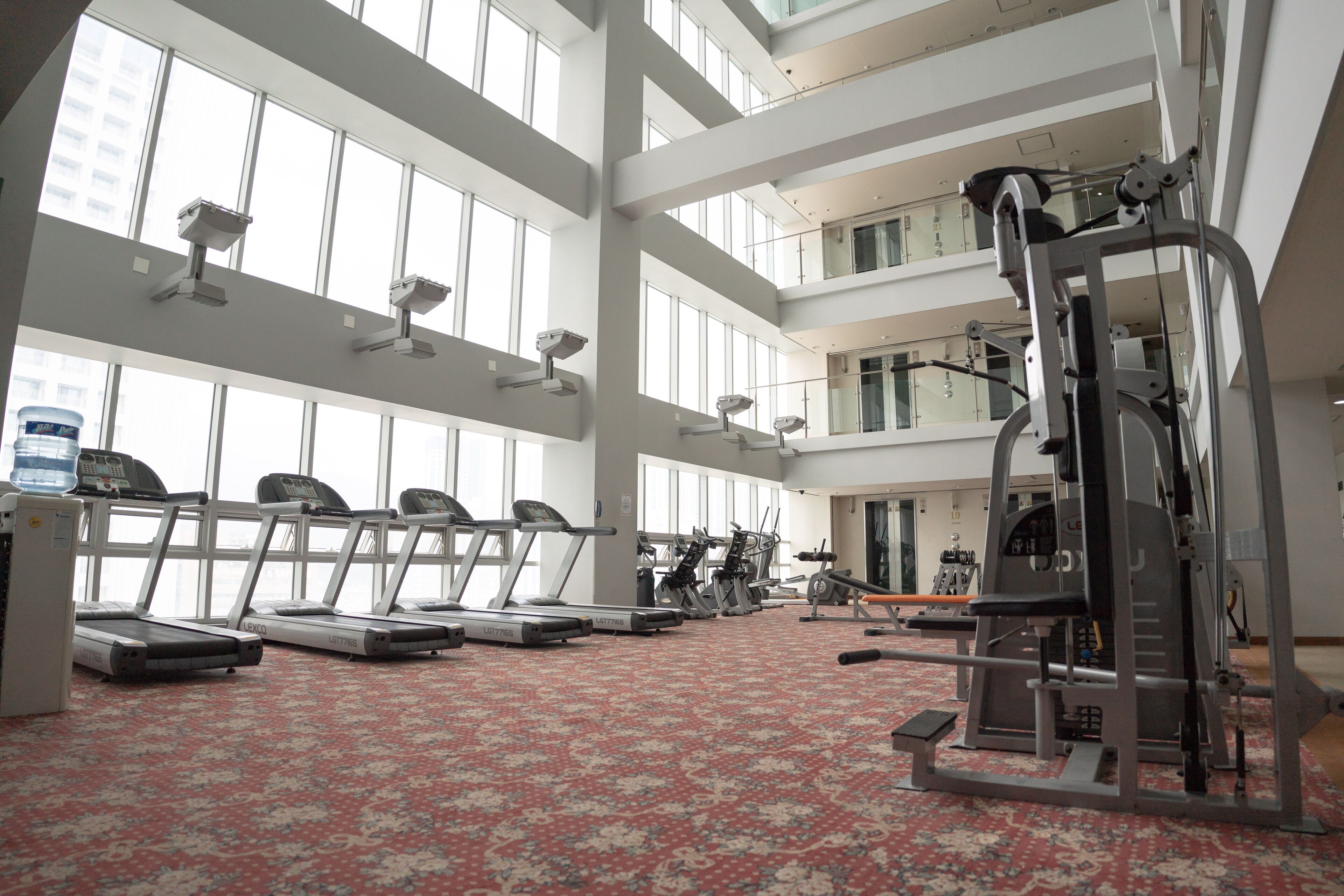 A multi-level gym with treadmills, ellipticals, and weight machines, large windows, and a patterned carpet.