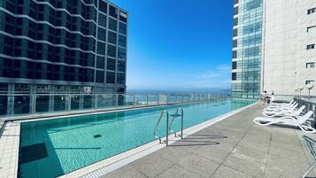 A rooftop pool with clear blue water, surrounded by modern buildings, and a clear sky.