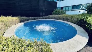 Seasonal outdoor pool, open 10:00 AM to 7:00 PM, pool loungers