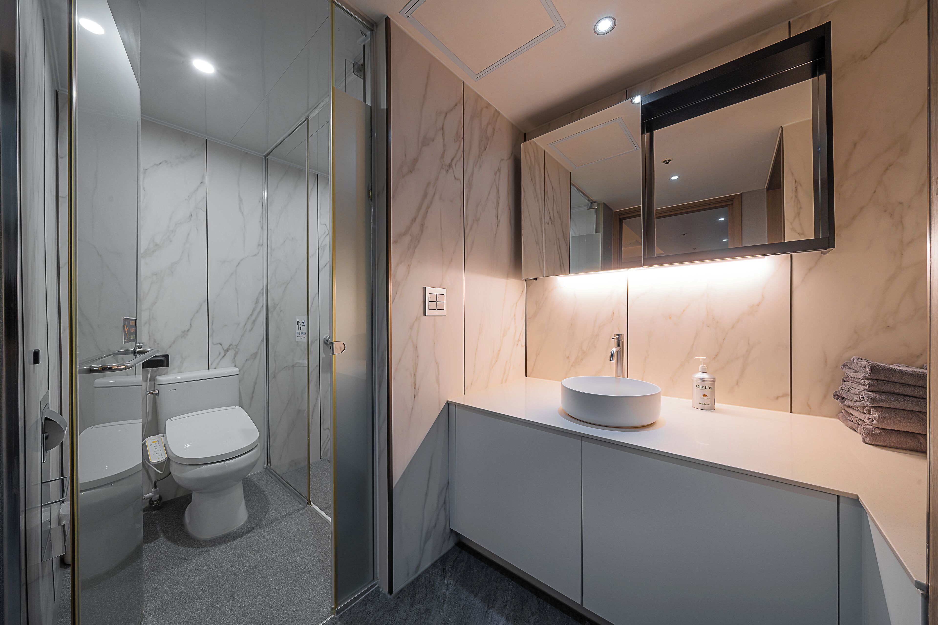 A modern bathroom with a toilet, sink, and mirror.