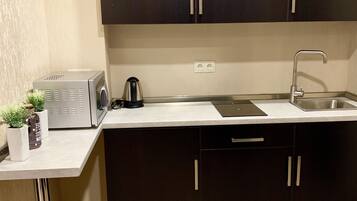 Frigorífico, microondas, placa de cocina y hervidor eléctrico