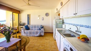 A compact kitchen with a washing machine, a dining area with a table and chairs, a sofa, and a ceiling fan.