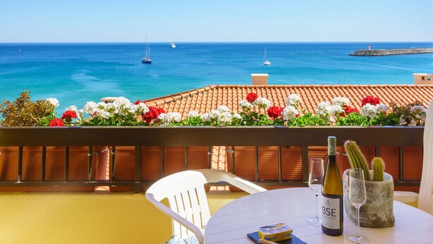 A balcony with a view of the sea, a table with a bottle of wine, and a cactus in a pot.