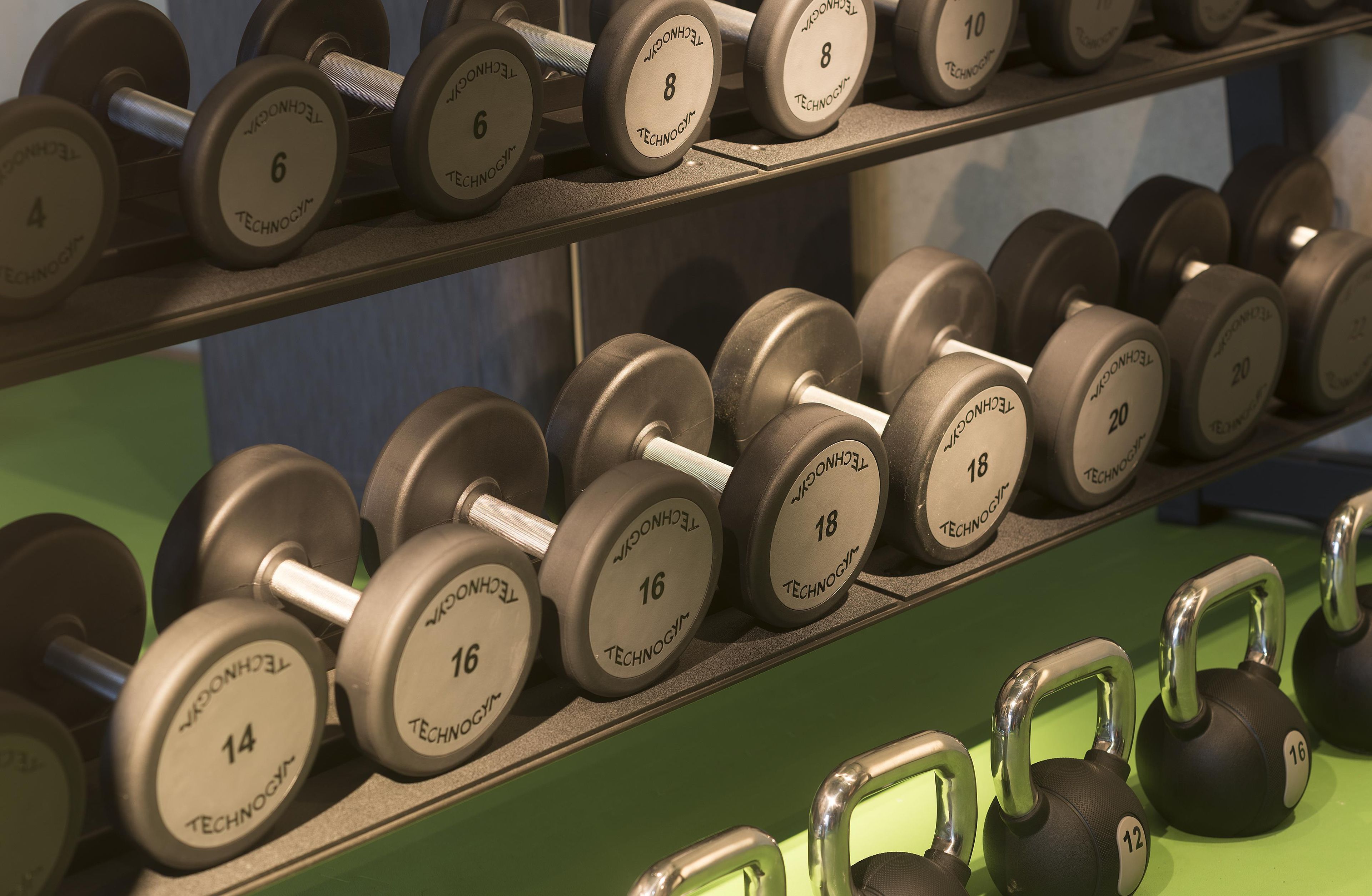 Een rek met gewichthefapparatuur en diverse gewichten, aangeduid in kilogrammen.