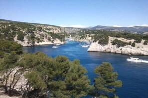 A coastal landscape with a clear blue sea, rocky cliffs, and sparse vegetation. - Chalet in Provence with Shady Pine Retreat (Carnoux En Provence)