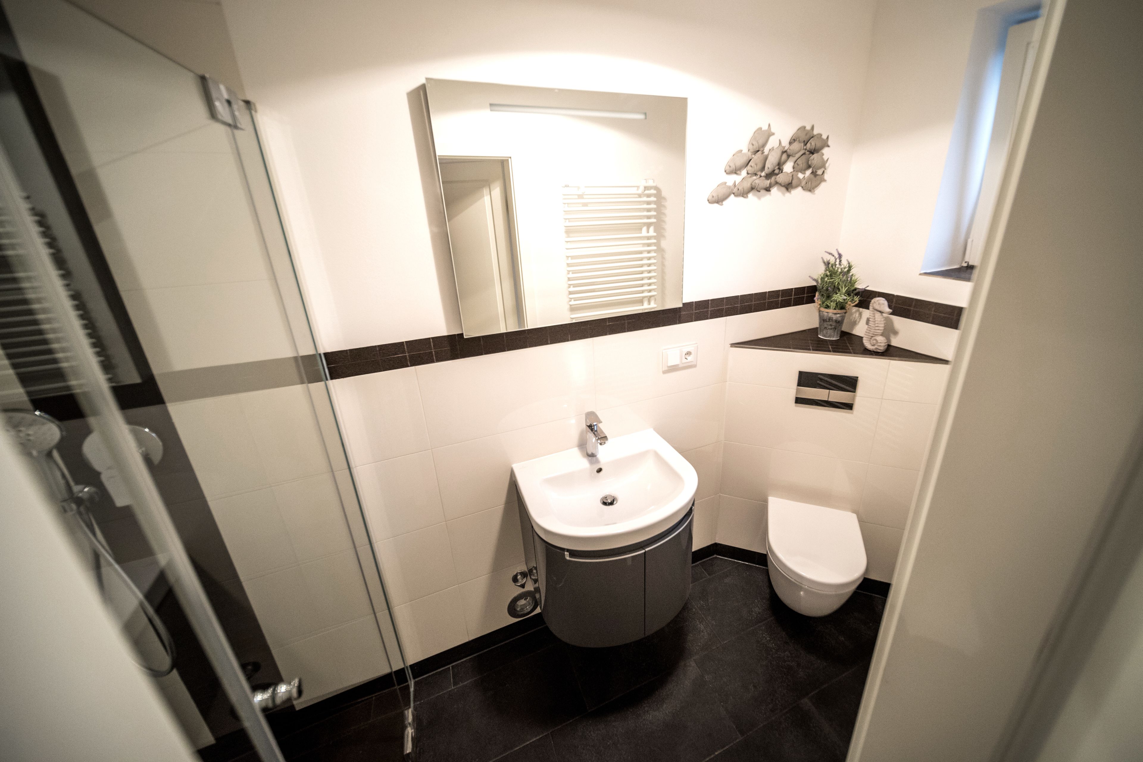 Ein modernes Badezimmer mit Duschkabine aus Glas, einem weißen Waschbecken und einer Toilette.
