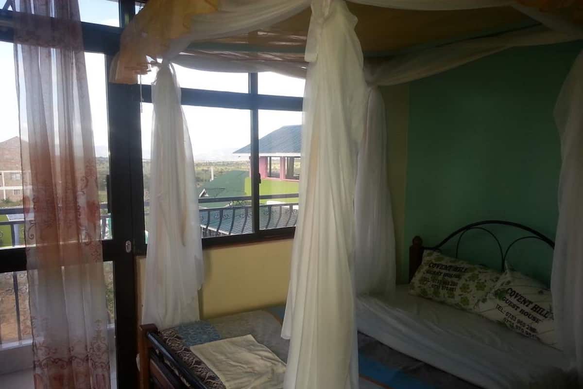 Una habitación con una cama bajo un dosel, una ventana con cortinas y vistas a edificios.