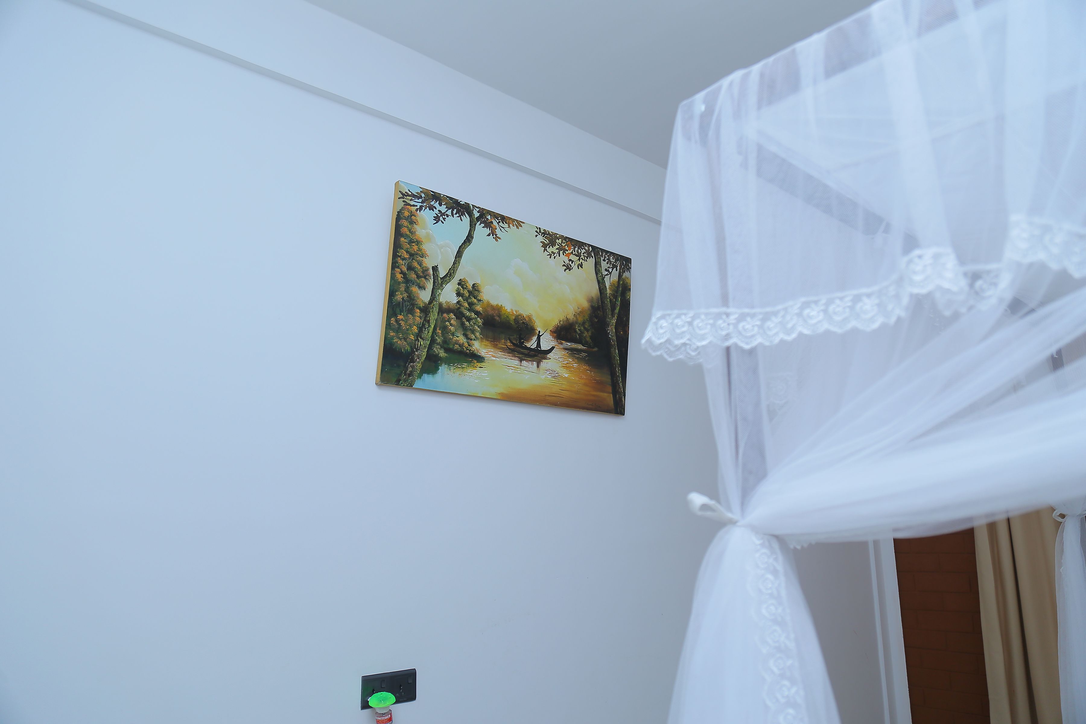 A room with a white wall, a painting of a river scene, and a white canopy bed.