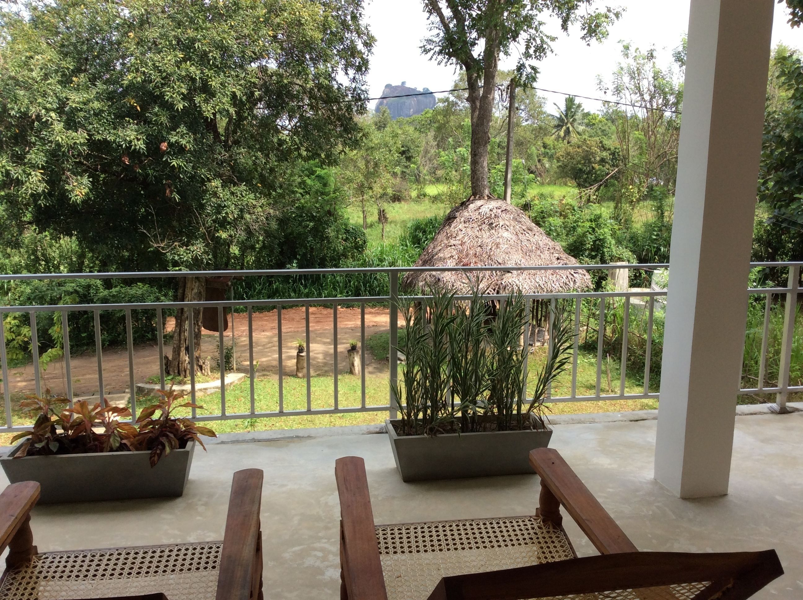 A balcony with wooden chairs and potted plants, overlooking a lush garden and a thatched-roof structure.