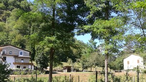 Entorno rural con una casa de piedra, una estructura de madera y un viñedo cercado.