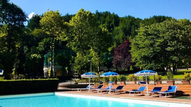 Ein Swimmingpool mit blauen Liegestühlen und Sonnenschirmen, umgeben von Bäumen und blauem Himmel.