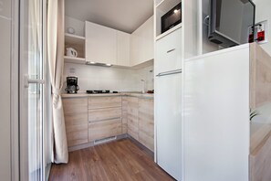 Fridge, microwave, stovetop, coffee/tea maker