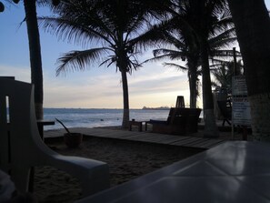 A beachside area with palm trees, lounge chairs, and a wooden deck overlooking the sea.