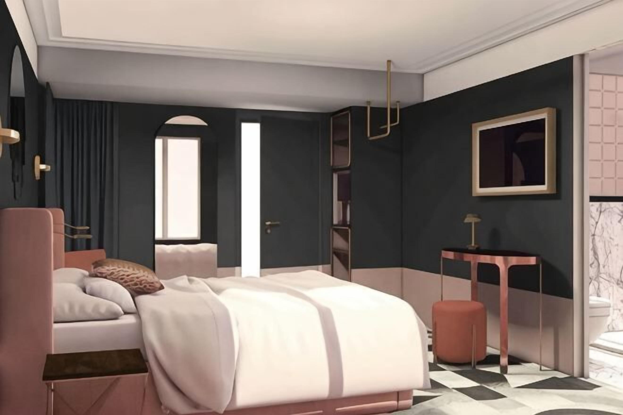 Ein Schlafzimmer mit Bett, Nachttisch und Fenster.