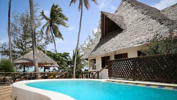 Outdoor pool, pool umbrellas, pool loungers