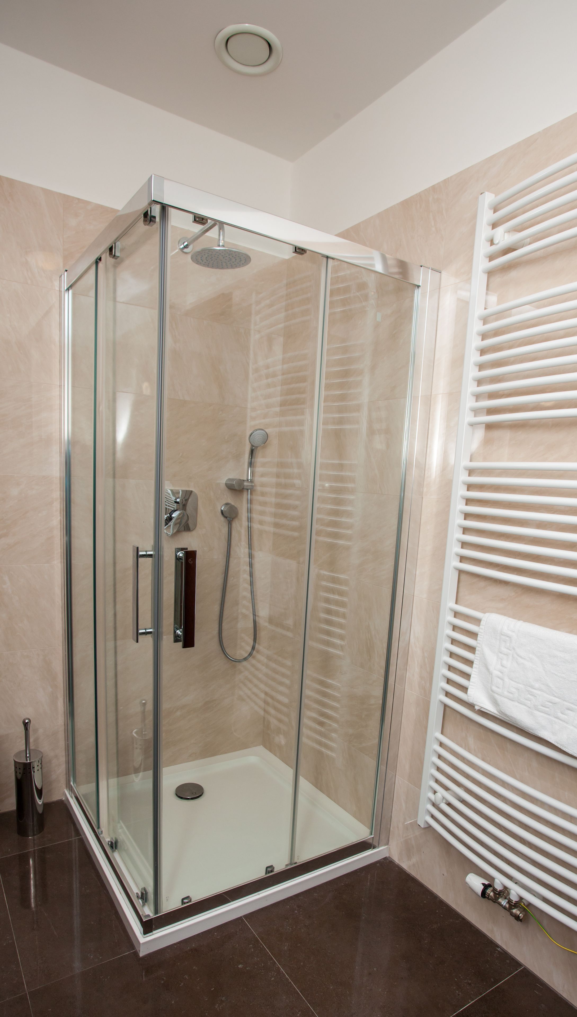 A glass-enclosed shower with a handheld showerhead and a wall-mounted faucet.