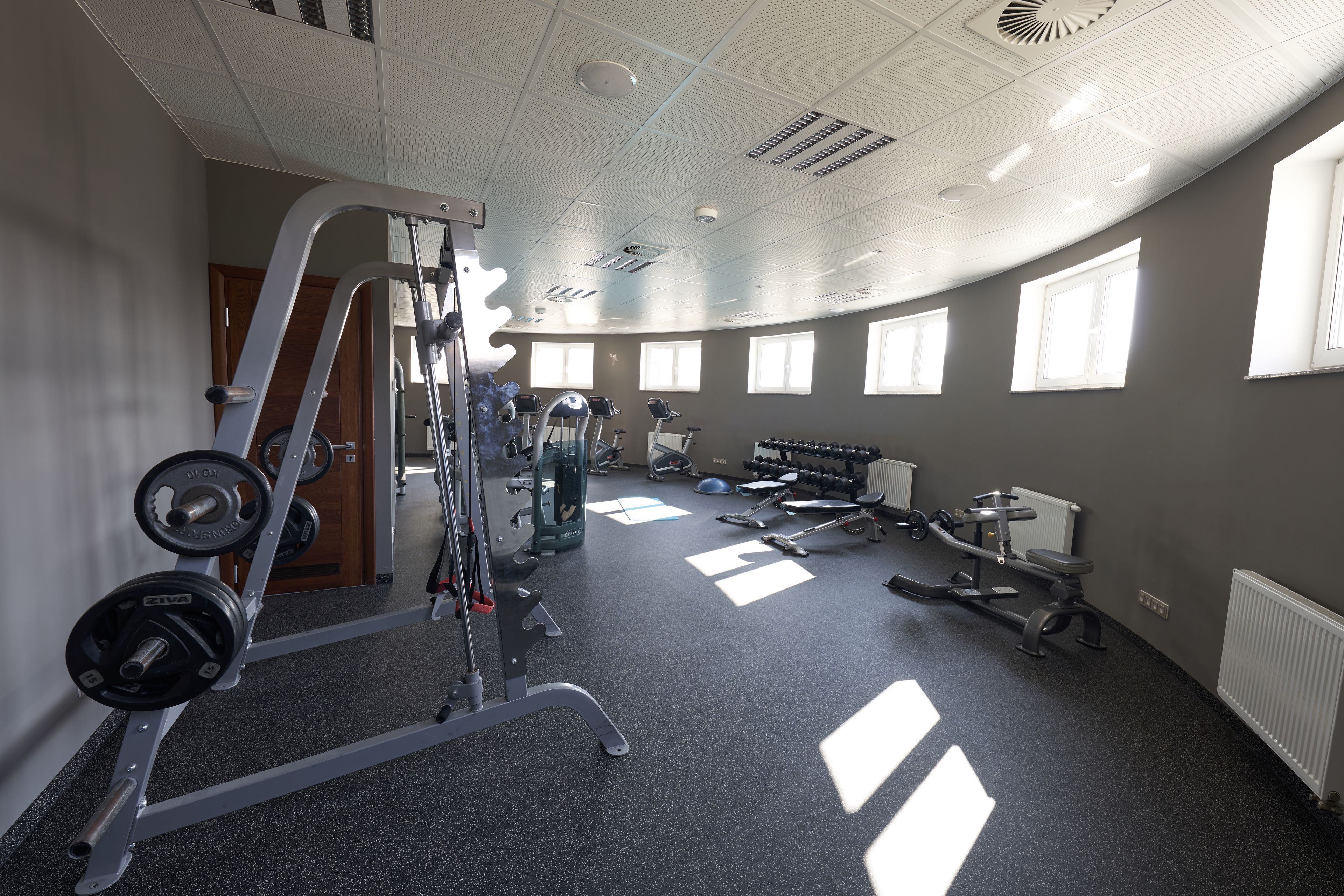 A gym with various exercise equipment, large windows, and a curved ceiling.