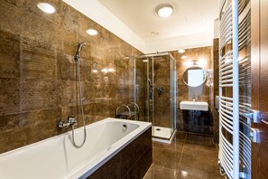Apartment, 2 Bedrooms, Balcony | Bathroom | Shower, hair dryer, towels, toilet paper - Rezidence Moser Apartments (Karlovy Vary)