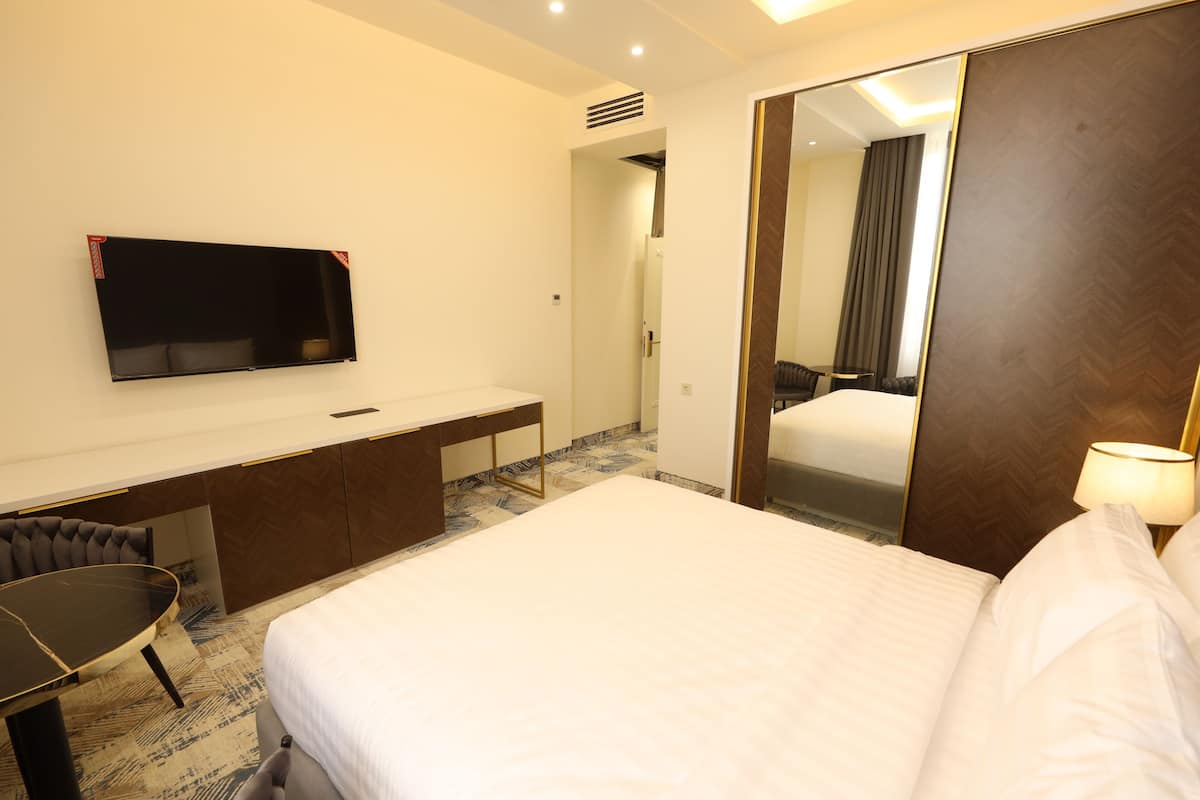 A hotel room with a bed, a desk with a chair, a television, and a mirror.