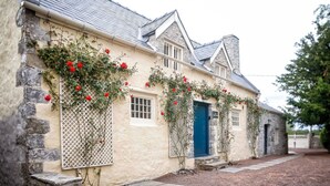 Ein traditionelles Steinhaus mit einer cremefarbenen Fassade, einer blauen Tür und einem Gitterfenster mit roten Blumen.