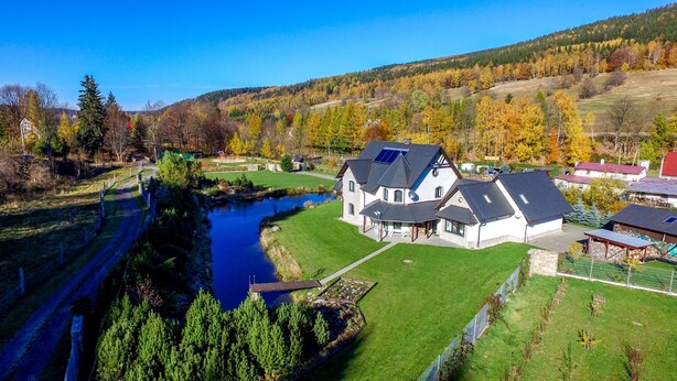 A large house with a pond, surrounded by a well-maintained lawn and trees.