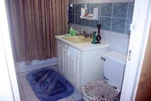 Ein kleines Badezimmer mit Waschbecken, Toilette und Dusche. Ein blauer Badteppich und ein kleiner Mülleimer sind vorhanden.
