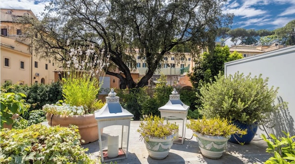 A rooftop garden with potted plants and white lanterns. - Skylight Penthouse with Terrace - Rome City Centre (Roma)