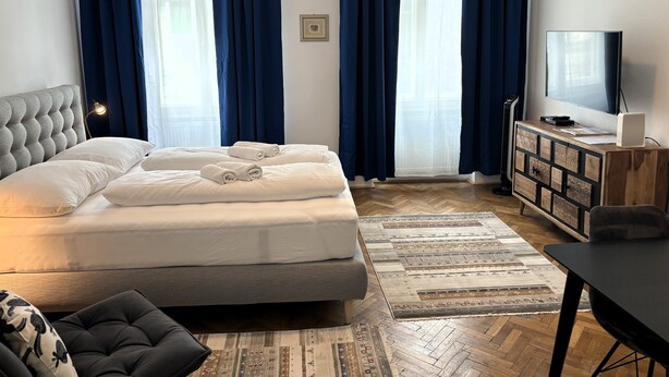 Een moderne hotelkamer met een groot bed, een flatscreen televisie, een houten kast en een rug met een visgraatmotief.