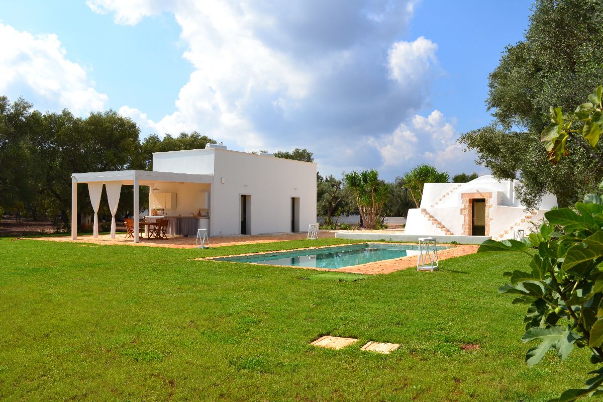 A modern white house with a swimming pool, outdoor seating, and a covered patio area.