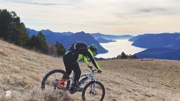 Une personne fait du vélo tout-terrain sur une pente herbeuse, avec une vue panoramique sur les montagnes et un lac en arrière-plan.