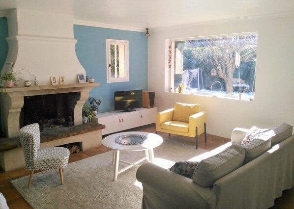 TV, fireplace, DVD player, books
