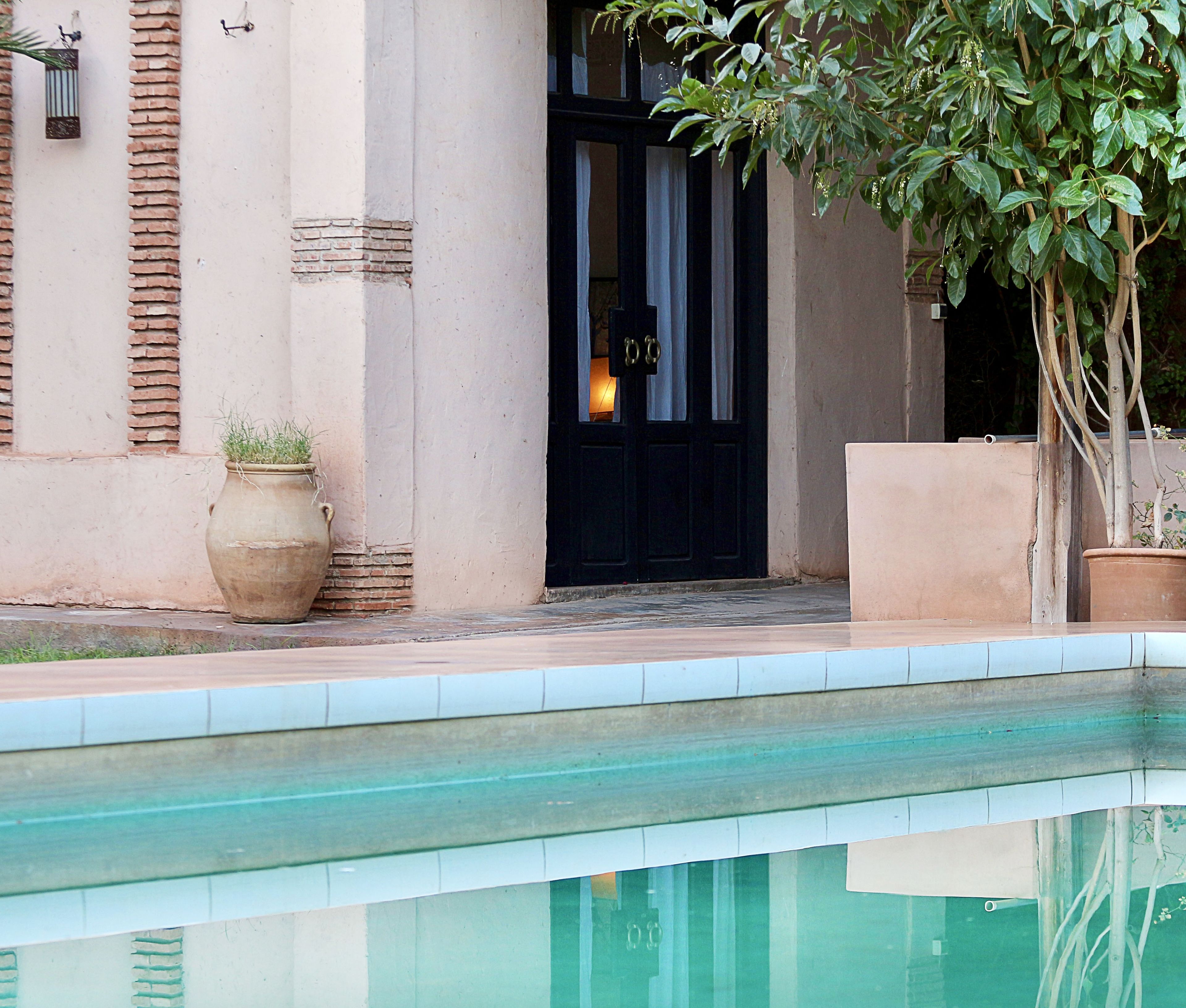 Outdoor pool, pool umbrellas, sun loungers