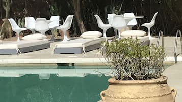 Outdoor pool, pool umbrellas, pool loungers