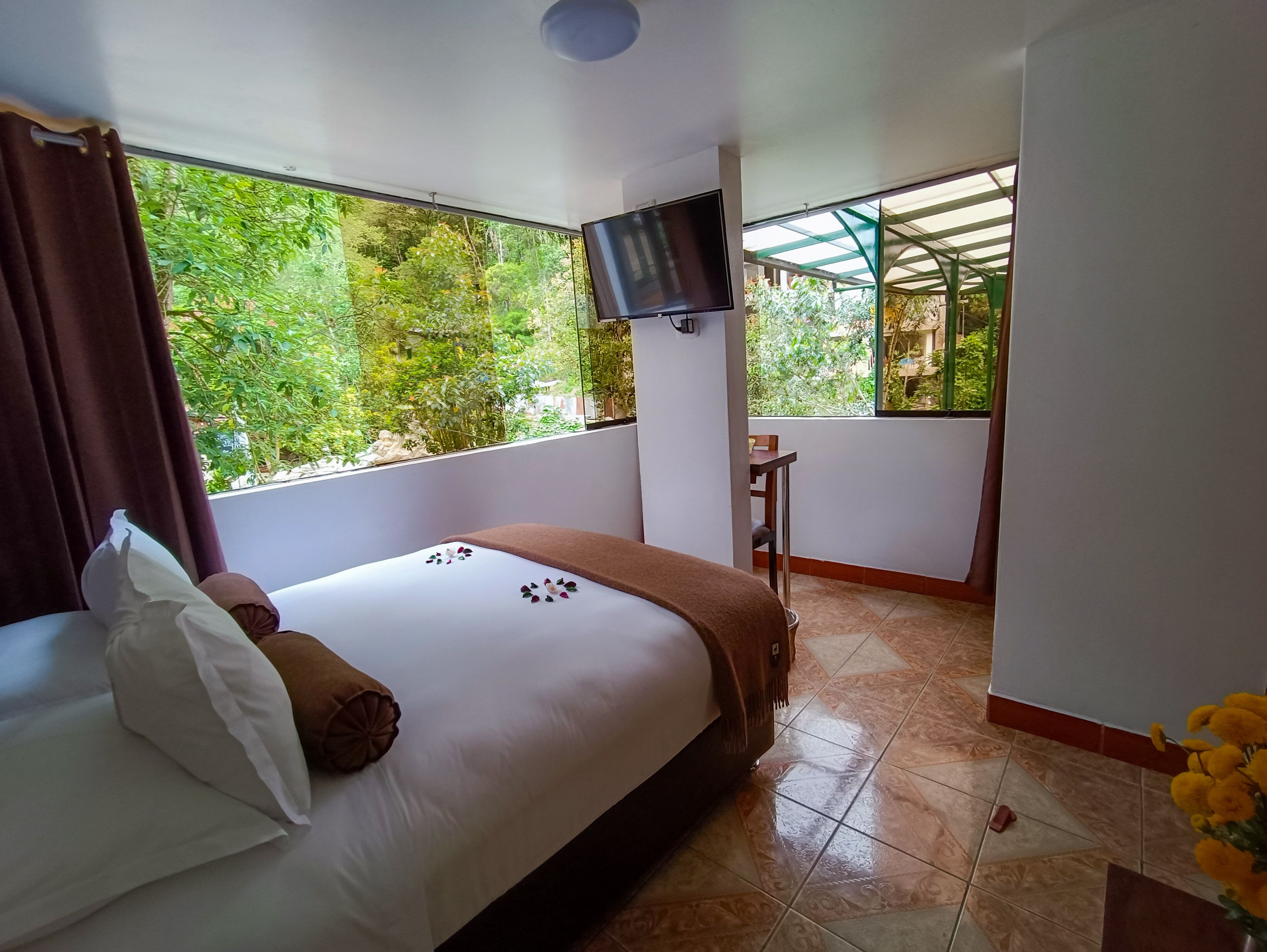 Habitación de hotel con cama, televisión, una mesita y vistas a zonas verdes.