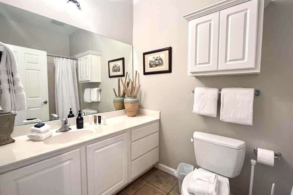 Un bagno con lavandino, specchio, WC e mobili. Asciugamani appesi al muro e un cestino.