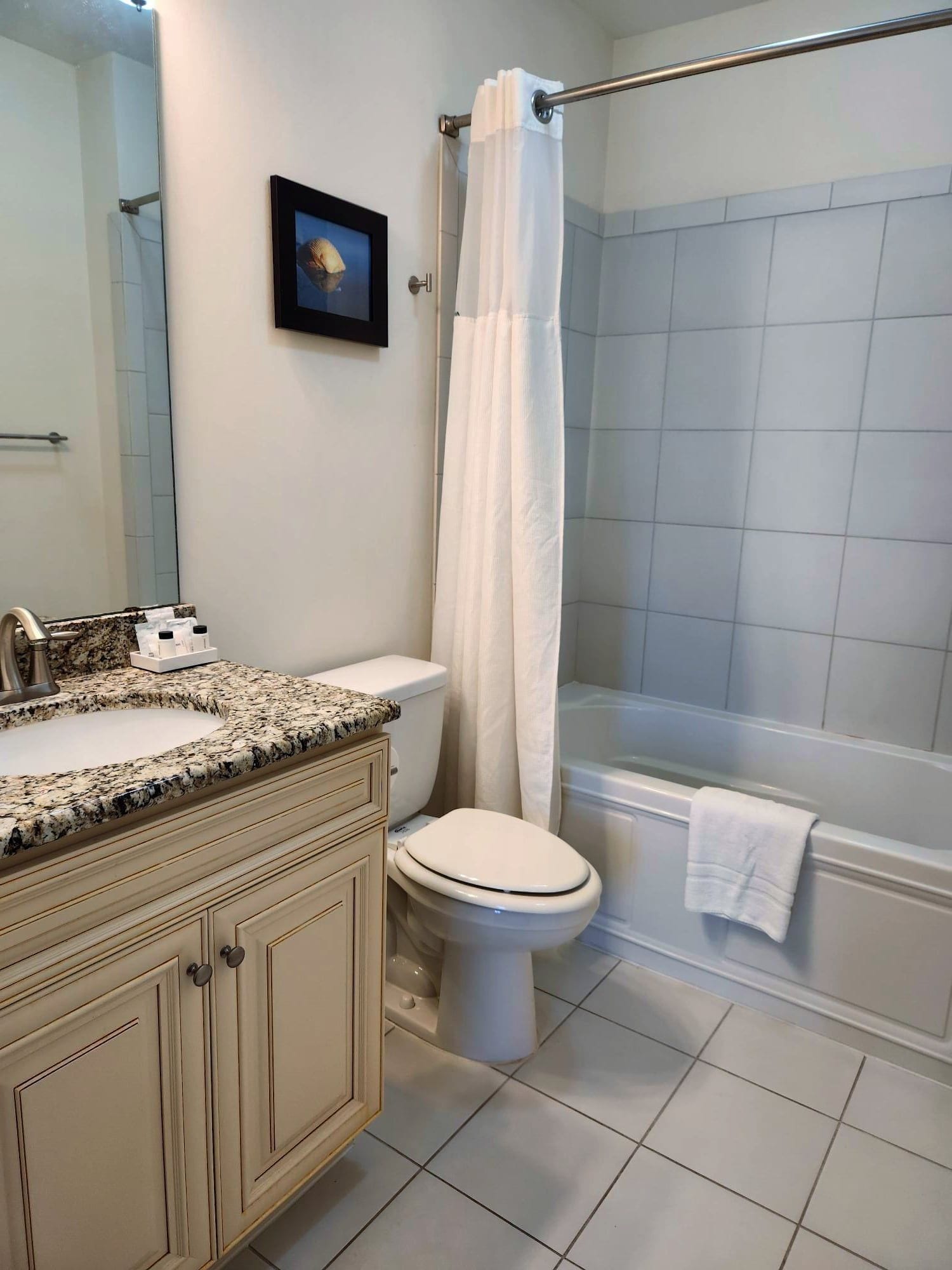 A bathroom with a sink, toilet, shower, and bathtub.