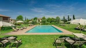 A rectangular swimming pool surrounded by lawn chairs and umbrellas, with a clear blue sky above. - Il Pollaio, one bedroom apartment walking distance to Tavarnelle Val di Pesa (Tavarnelle Val di Pesa)