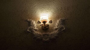 Una lámpara de pared con un diseño decorativo, que incluye una bombilla central y motivos de hojas.