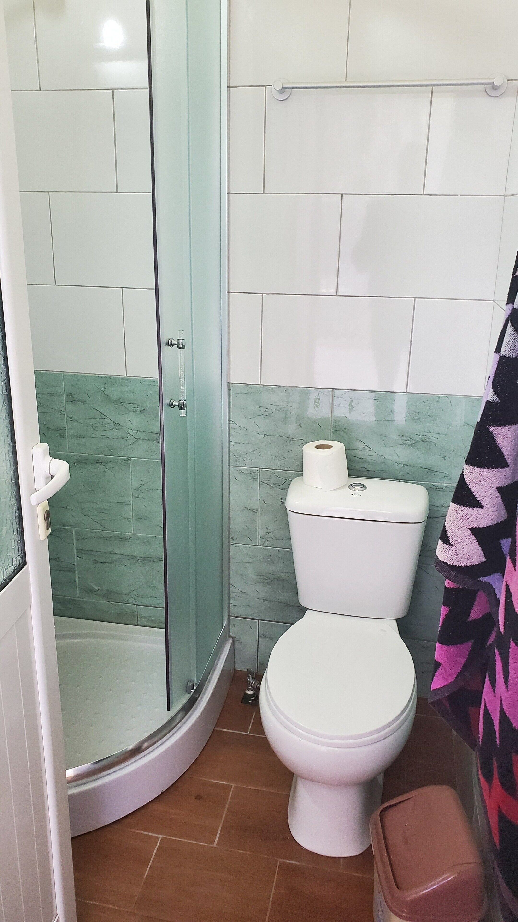 Un baño con cabina de ducha de vidrio, inodoro y cubo de basura.