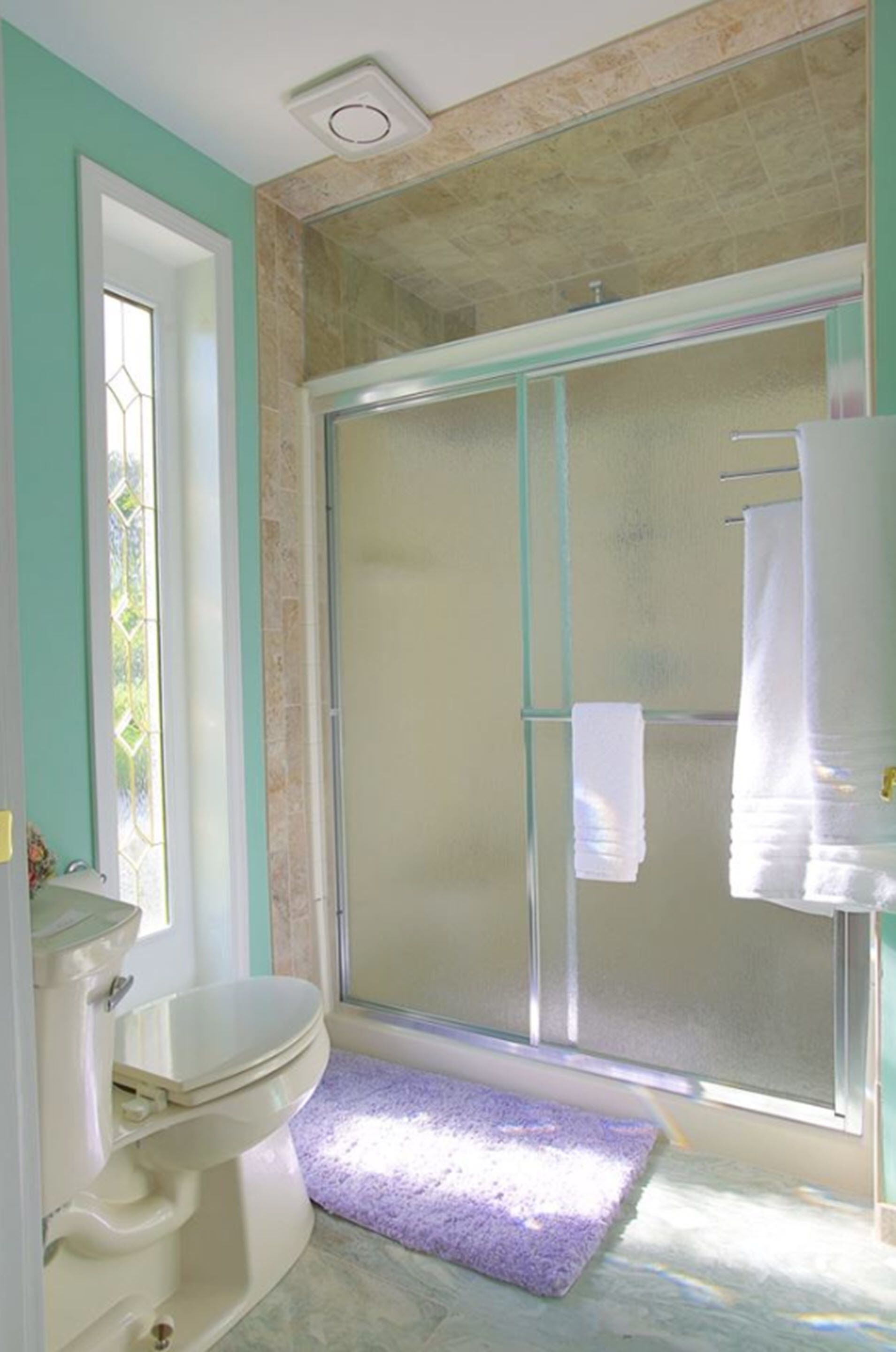 Une salle de bain avec des toilettes, une douche dotée d’une porte en verre et un tapis violet.