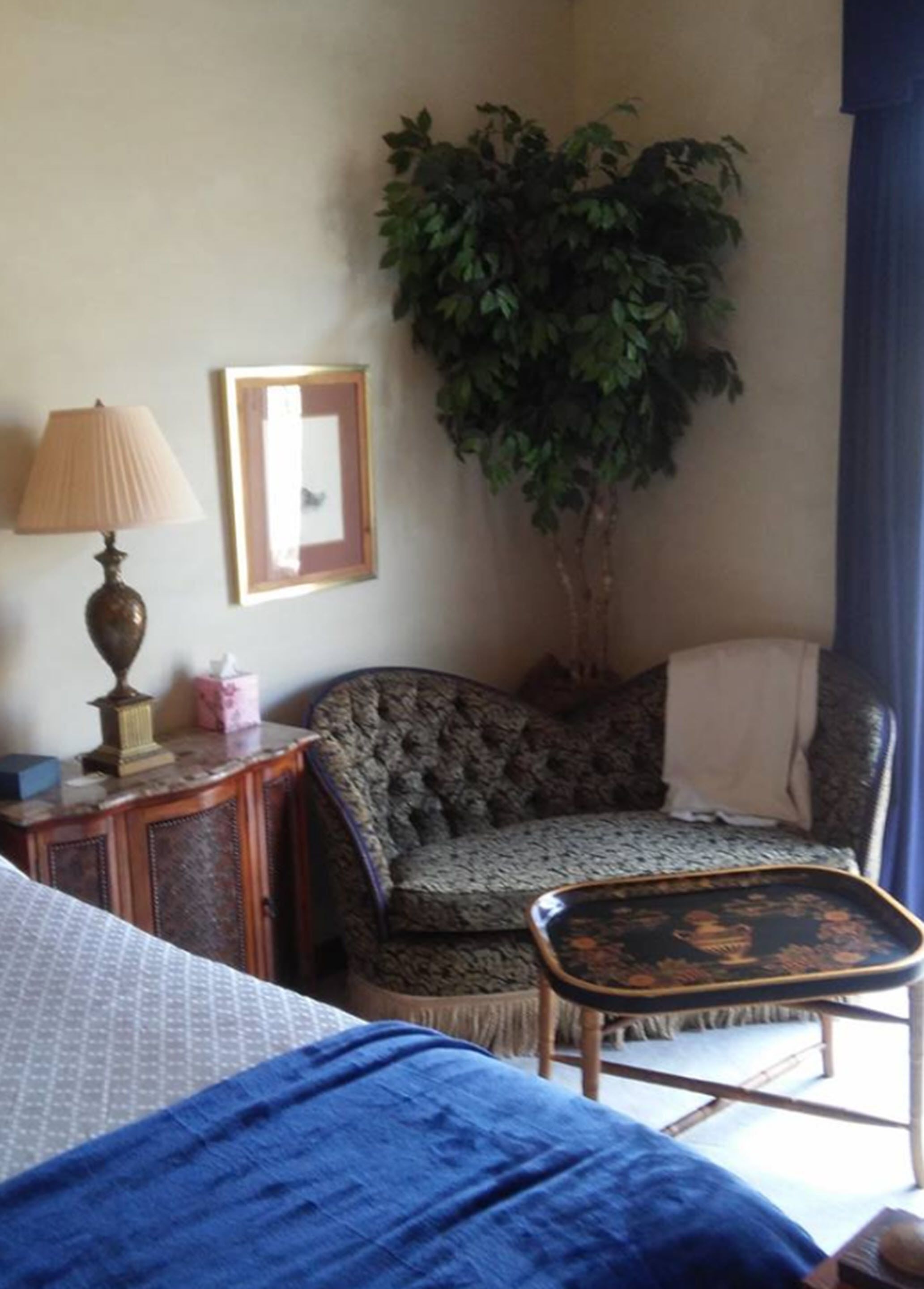 A room with a bed, a chair, a table, a lamp, a framed picture, and a potted plant.