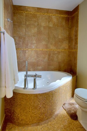 A bathroom with a freestanding bathtub, a toilet, and a shower area.
