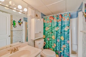Combined shower/bathtub, hair dryer, toilet paper