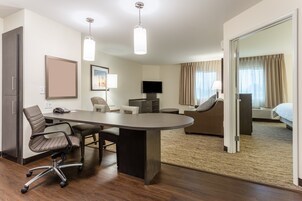 Desk, blackout drapes, soundproofing, iron/ironing board