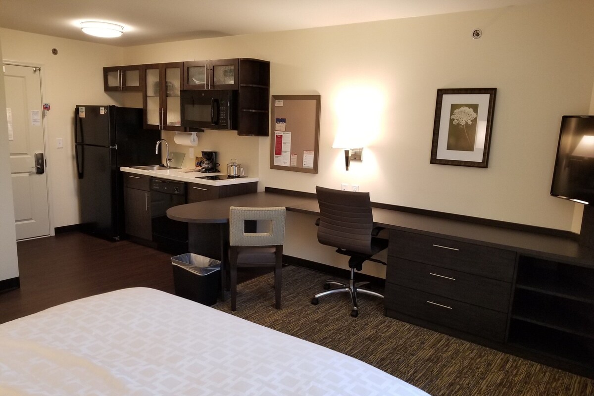 Desk, blackout drapes, soundproofing, iron/ironing board